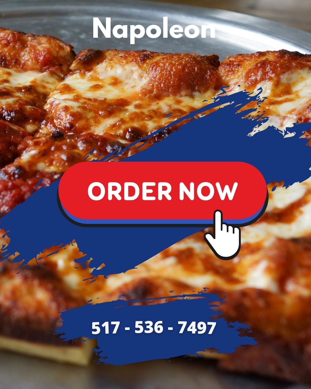 Close-up of cheesy pizza slices with a prominent 'ORDER NOW' button, featuring the text 'Napoleon' and a phone number for ordering.