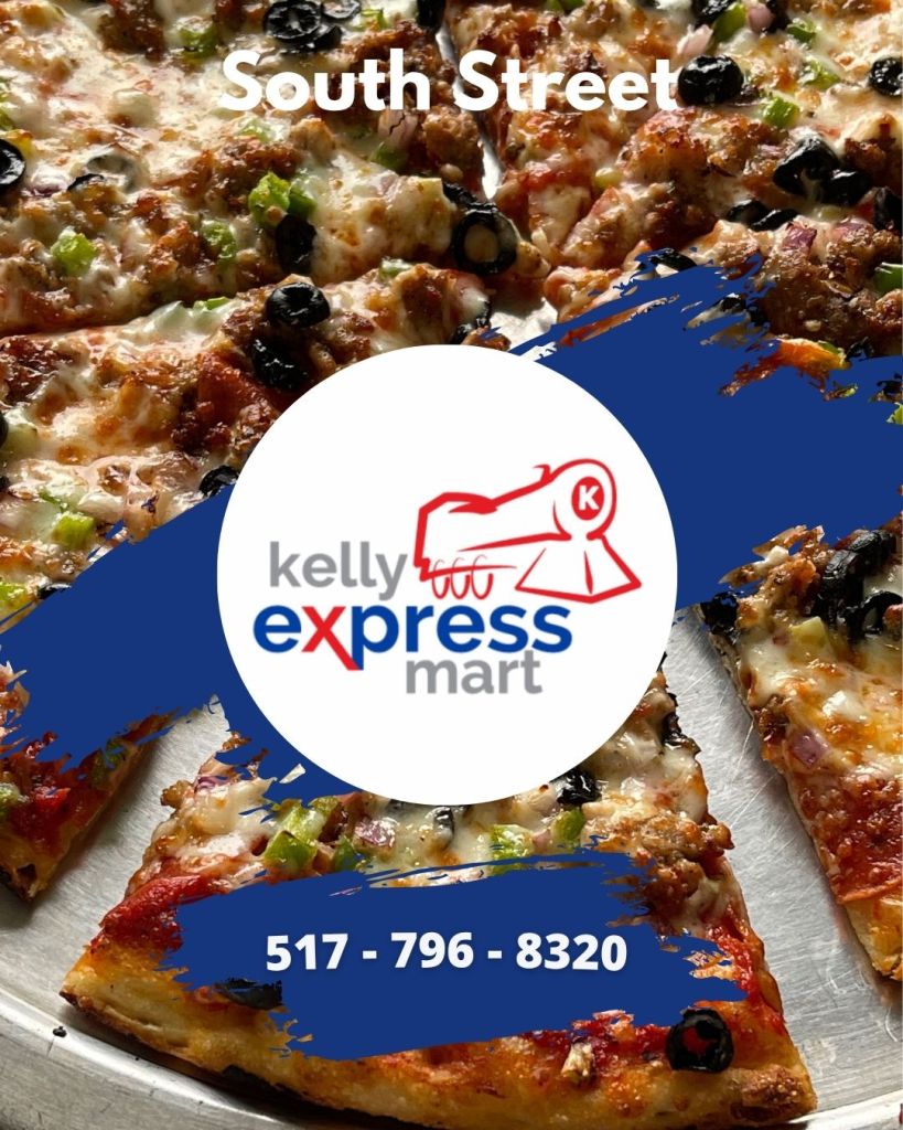 Close-up of a pizza with various toppings, featuring the Kelly Express Mart logo and contact information for South Street location.
