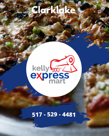 Pizza with toppings including cheese, olives, and green peppers, with a logo and contact information for Kelly Express Mart in Clarklake.