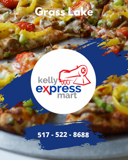 A close-up of a gourmet pizza topped with vegetables, featuring the Kelly Express Mart logo and contact information for the Grass Lake location.