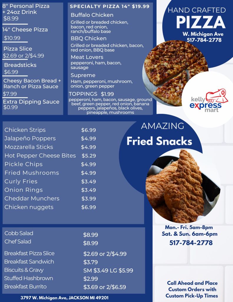 Menu featuring various pizza options, including personal pizzas, specialty pizzas, and fried snacks, along with prices listed.