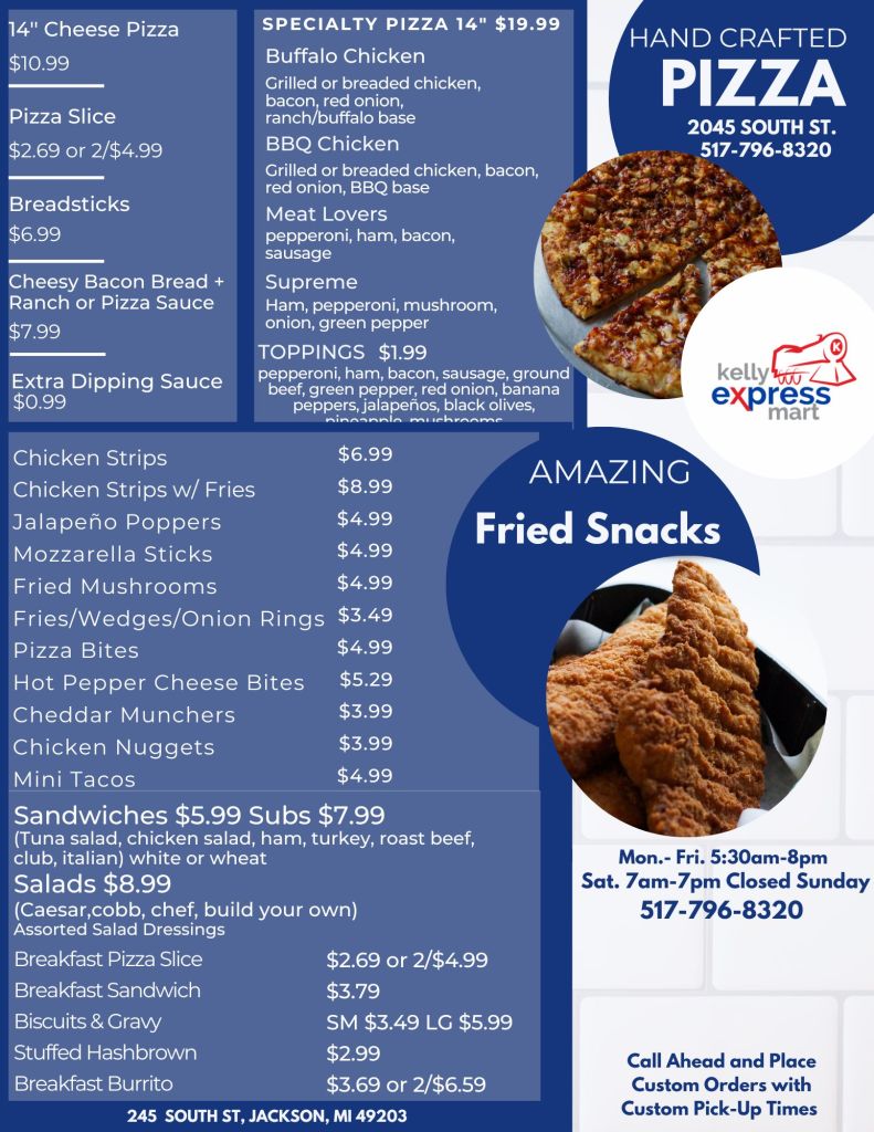 Menu featuring various pizza options, fried snacks, sandwiches, and salads, with pricing details from Kelly Express Mart.