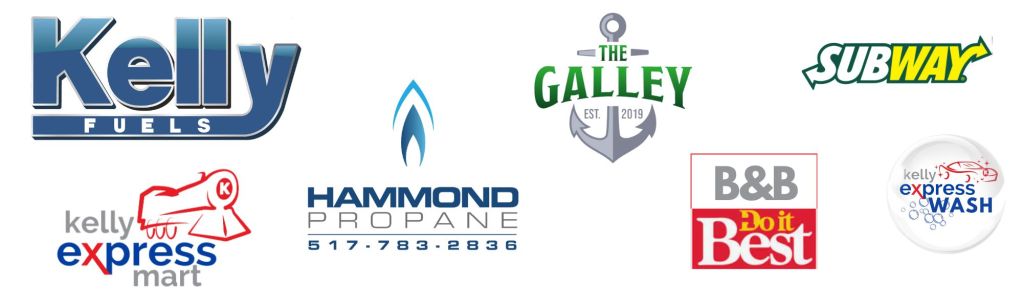 Logos of various businesses including Kelly Fuels, Kelly Express Mart, Hammond Propane, The Galley, Subway, B&B Do it Best, and Kelly Express Wash.